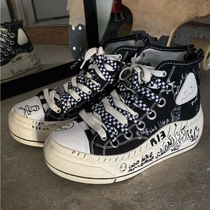 DOUBLE GROMMET KURT HIGH TOP SNEAKER - BLACK GRAFFITI CHECKER